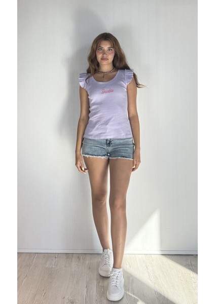 Kadın Bisiklet Yaka Barbie Baskılı Kolu Fırfırlı Bluz Tişört fırsatları