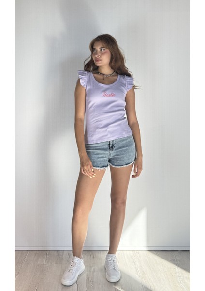 Kadın Bisiklet Yaka Barbie Baskılı Kolu Fırfırlı Bluz Tişört indirimleri