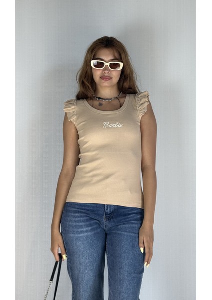 Kadın Bisiklet Yaka Barbie Baskılı Kolu Fırfırlı Bluz Tişört modelleri