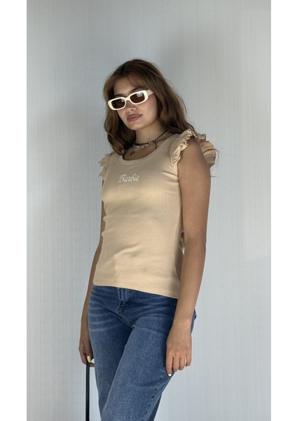 Kadın Bisiklet Yaka Barbie Baskılı Kolu Fırfırlı Bluz Tişört indirimleri