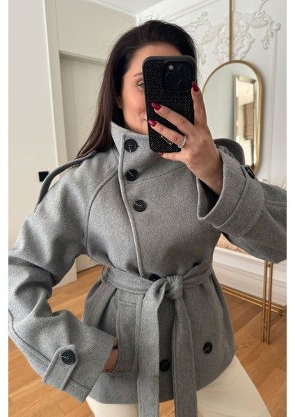 Dik Yaka Düğmeli Kuşaklı Kaşe Ceket- Gri fiyatları