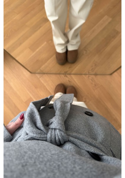 Dik Yaka Düğmeli Kuşaklı Kaşe Ceket- Gri modelleri