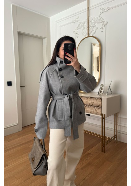 Dik Yaka Düğmeli Kuşaklı Kaşe Ceket- Gri indirimleri