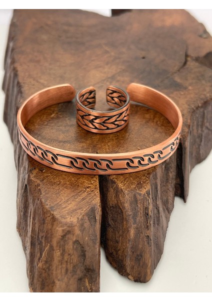 Ayarlanabilir %100 Saf Bakır Bileklik Bakır Yüzük Kombini El Yapımı Bileklik Yüzük