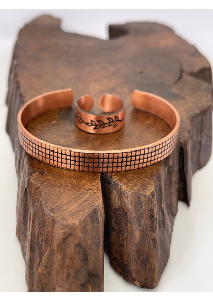 Ayarlanabilir %100 Saf Bakır Bileklik Bakır Yüzük Kombini El Yapımı Bileklik Yüzük