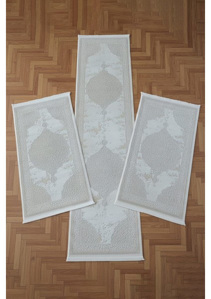 Yatak Odası Halısı Krem 3 Parça 2 Adet 80X150 1 Adet 80X300 Tozumaz Polipropilen Pamuk 7101 Kemik