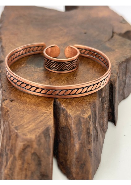 Ayarlanabilir %100 Saf Bakır Bileklik Bakır Yüzük Kombini El Yapımı Bileklik Yüzük
