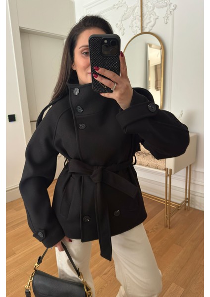 Dik Yaka Düğmeli Kuşaklı Kaşe Ceket- Siyah