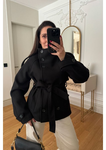 Dik Yaka Düğmeli Kuşaklı Kaşe Ceket- Siyah fiyatları
