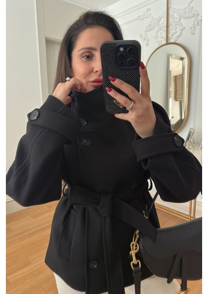 Dik Yaka Düğmeli Kuşaklı Kaşe Ceket- Siyah modelleri
