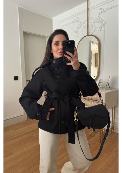 Dik Yaka Düğmeli Kuşaklı Kaşe Ceket- Siyah fırsatları