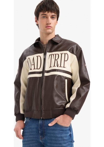 Oversize Geniş Kalıp Gömlek Yaka Fermuarlı Nakış Detaylı İç Cepli Suni Deri Mont E8820AX25AU