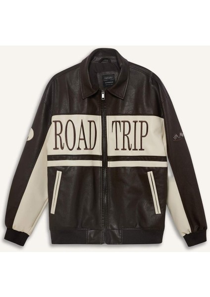 Oversize Geniş Kalıp Gömlek Yaka Fermuarlı Nakış Detaylı İç Cepli Suni Deri Mont E8820AX25AU