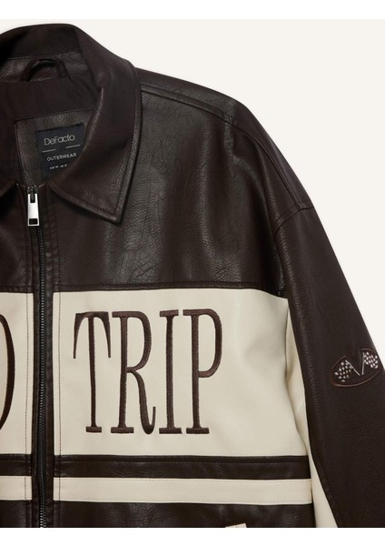 Oversize Geniş Kalıp Gömlek Yaka Fermuarlı Nakış Detaylı İç Cepli Suni Deri Mont E8820AX25AU