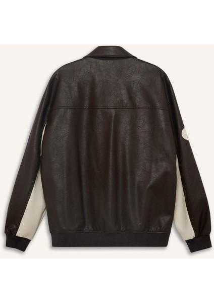 Oversize Geniş Kalıp Gömlek Yaka Fermuarlı Nakış Detaylı İç Cepli Suni Deri Mont E8820AX25AU