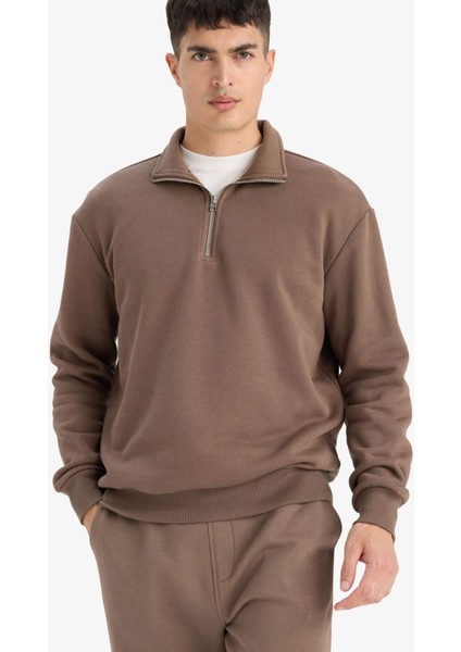 Regular Fit Dik Yaka Yarım Fermuarlı İçi Yumuşak Tüylü Basic Düz Sweatshirt X7405AZ25AU