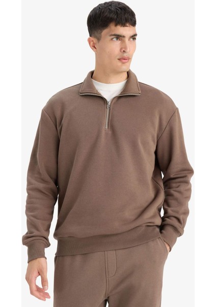 Regular Fit Dik Yaka Yarım Fermuarlı İçi Yumuşak Tüylü Basic Düz Sweatshirt X7405AZ25AU