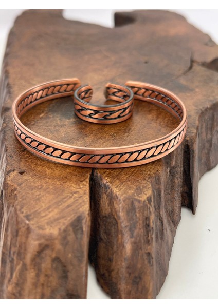 Ayarlanabilir %100 Saf Bakır Bileklik Bakır Yüzük Kombini El Yapımı Bileklik Yüzük