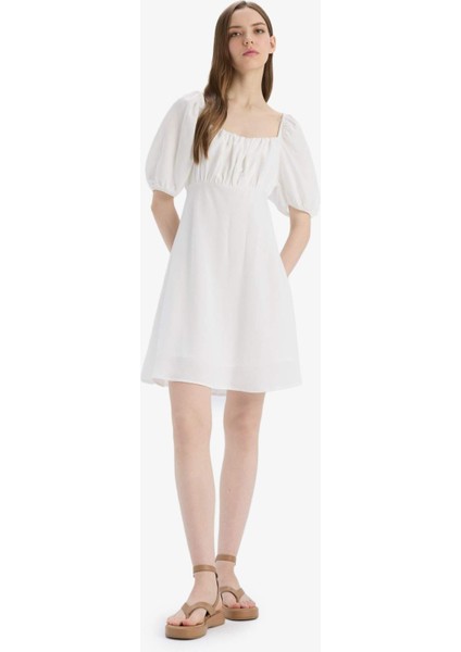 Kare Yaka Keten Karışımlı Kısa Kollu Midi Yazlık Elbise