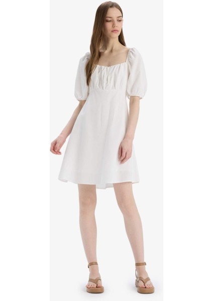 Kare Yaka Keten Karışımlı Kısa Kollu Midi Yazlık Elbise