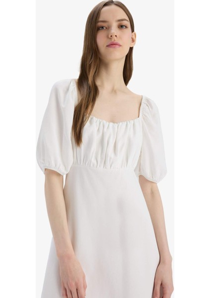 Kare Yaka Keten Karışımlı Kısa Kollu Midi Yazlık Elbise