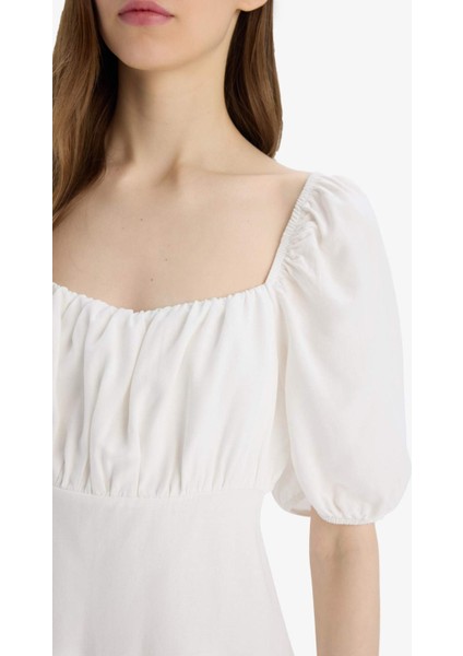 Kare Yaka Keten Karışımlı Kısa Kollu Midi Yazlık Elbise