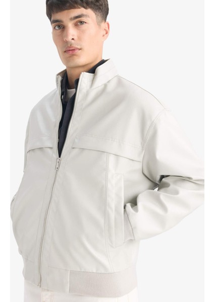 Oversize Fit Geniş Kalıp Dik Yaka Fermuarlı Cepli Suni Deri Ceket Mont E8818AX25AU