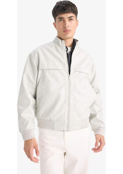 Oversize Fit Geniş Kalıp Dik Yaka Fermuarlı Cepli Suni Deri Ceket Mont E8818AX25AU