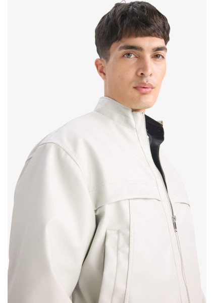 Oversize Fit Geniş Kalıp Dik Yaka Fermuarlı Cepli Suni Deri Ceket Mont E8818AX25AU