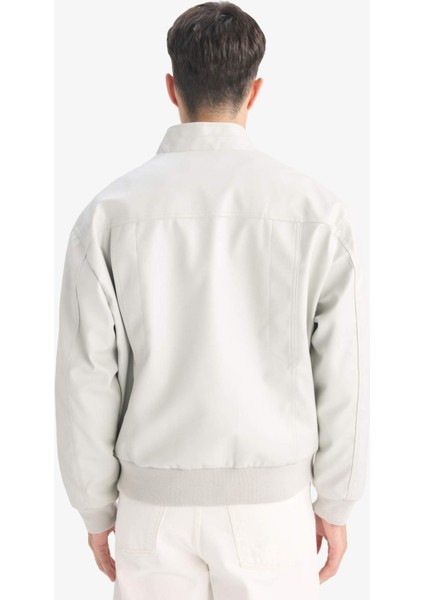 Oversize Fit Geniş Kalıp Dik Yaka Fermuarlı Cepli Suni Deri Ceket Mont E8818AX25AU