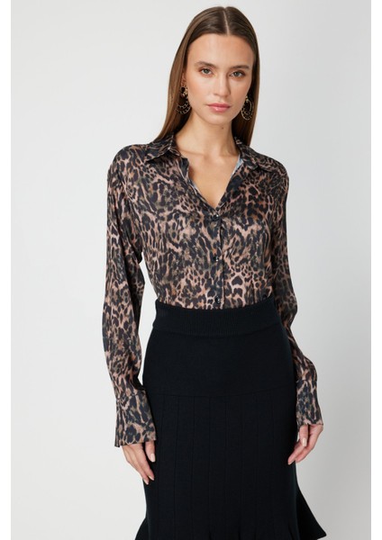Kadın Çizgili Saten Gömlek 64300 Haki-Leopar