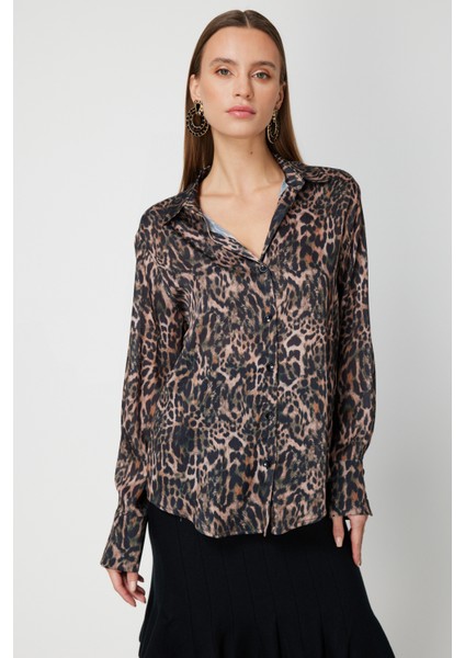 Kadın Çizgili Saten Gömlek 64300 Haki-Leopar fiyatları