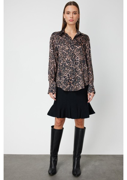 Kadın Çizgili Saten Gömlek 64300 Haki-Leopar modelleri