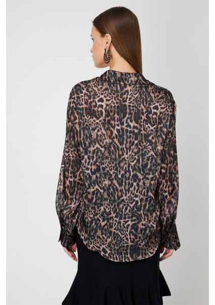 Kadın Çizgili Saten Gömlek 64300 Haki-Leopar fırsatları