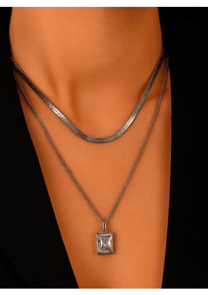 Gümüş Renk Italyan Bakla Zincirli Baget Taşlı Çelik Kolye fiyatları