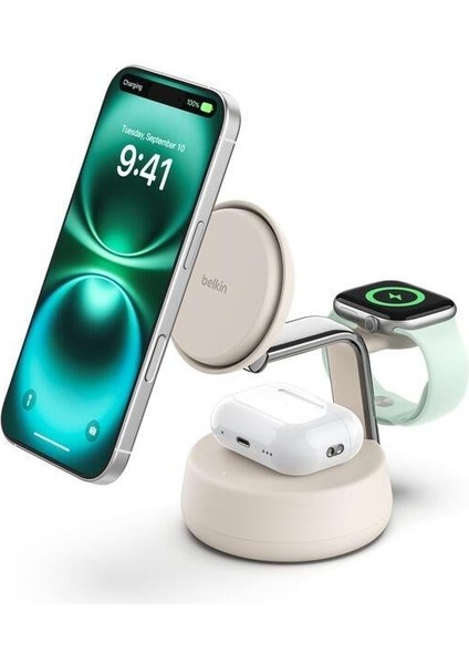 WIZ040KQSD Boostcharge Pro 3-In-1 Qi2 Magsafe Uyumlu 25W Manyetik Şarj Standı – Bej