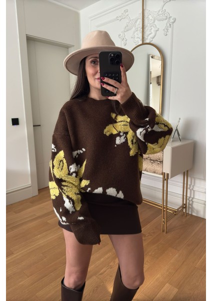 Desenli Oversize Yeni Sezon Triko Kazak- Kahverengi