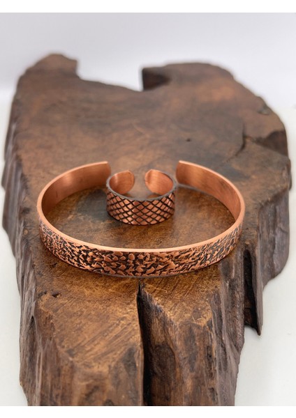 Ayarlanabilir %100 Saf Bakır Bileklik Bakır Yüzük Kombini El Yapımı Bileklik Yüzük