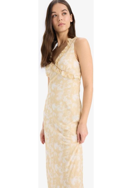 Bodycon Vücudu Saran Desenli Tül Askılı Midi Elbise