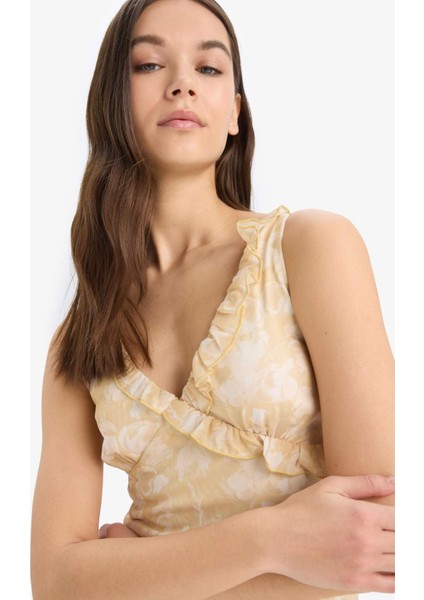 Bodycon Vücudu Saran Desenli Tül Askılı Midi Elbise