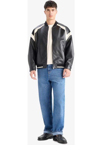 Su İtici Regular Fit Kolej Yaka İç Cep Detaylı Fermuarlı Bomber Mevsimlik Baharlık Deri Ceket Mont C5844AX25AU