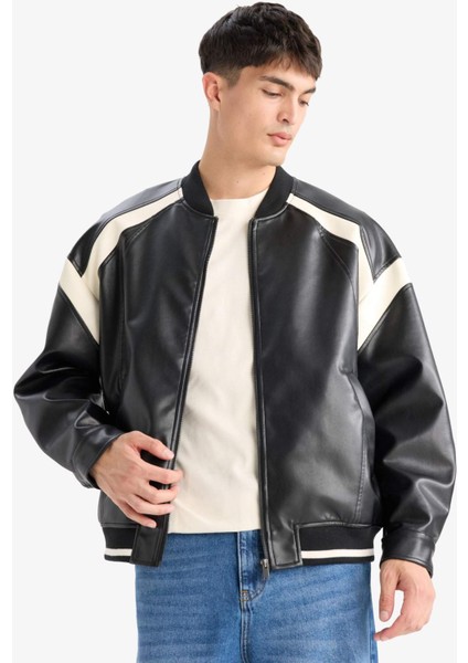 Su İtici Regular Fit Kolej Yaka İç Cep Detaylı Fermuarlı Bomber Mevsimlik Baharlık Deri Ceket Mont C5844AX25AU