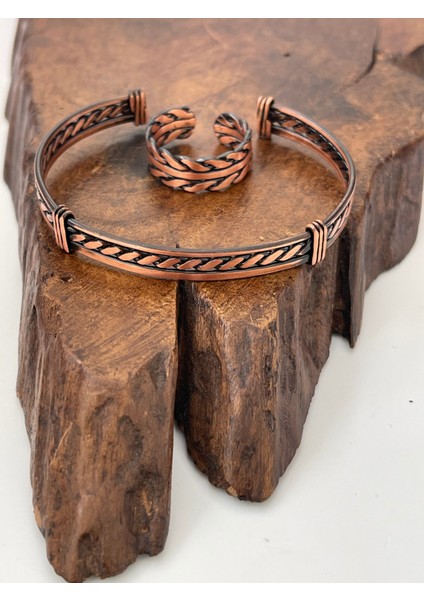 Ayarlanabilir %100 Saf Bakır Bileklik Bakır Yüzük Kombini El Yapımı Bileklik Yüzük