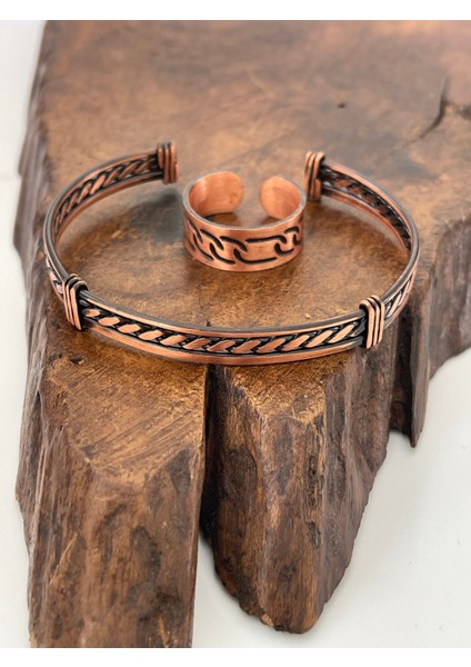 Ayarlanabilir %100 Saf Bakır Bileklik Bakır Yüzük Kombini El Yapımı Bileklik Yüzük
