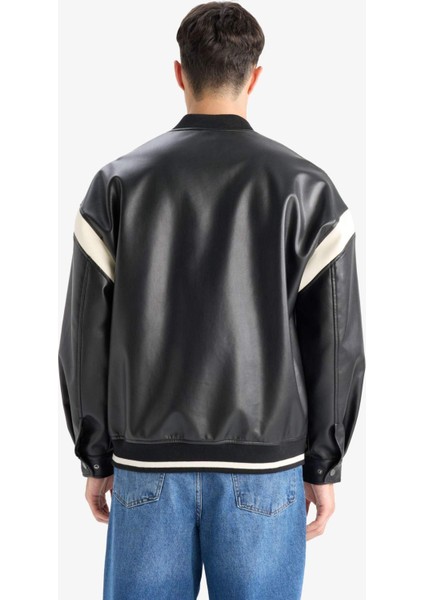 Su İtici Regular Fit Kolej Yaka İç Cep Detaylı Fermuarlı Bomber Mevsimlik Baharlık Deri Ceket Mont C5844AX25AU