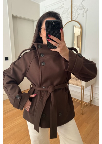 Dik Yaka Düğmeli Kuşaklı Kaşe Ceket- Kahverengi fiyatları