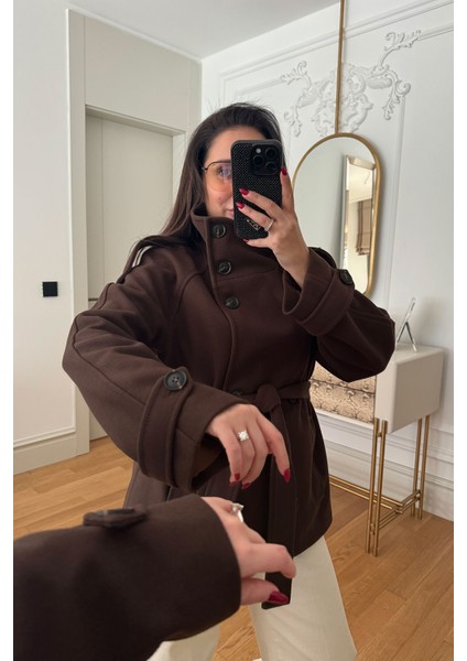 Dik Yaka Düğmeli Kuşaklı Kaşe Ceket- Kahverengi modelleri