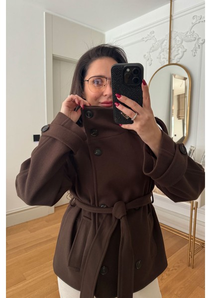 Dik Yaka Düğmeli Kuşaklı Kaşe Ceket- Kahverengi fırsatları