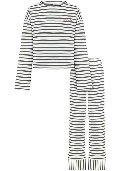 Pamuklu Çizgili Uzun Kollu Pijama Takımı / Yeşil