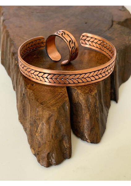 Ayarlanabilir %100 Saf Bakır Bileklik Bakır Yüzük Kombini El Yapımı Bileklik Yüzük